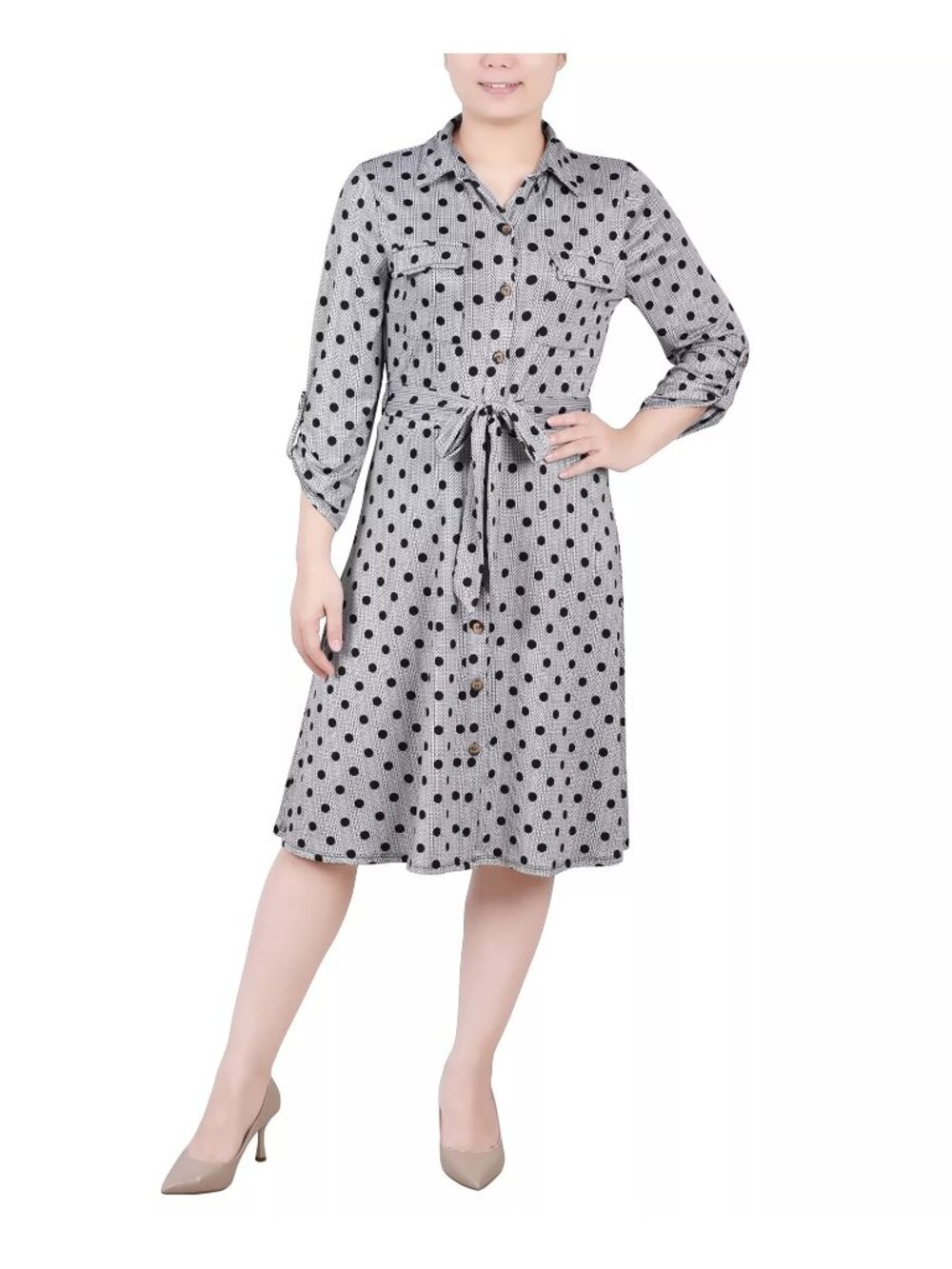 NY Collection Women Petite 3/4 Sleeve Roll Tab Shirtdress Black White Size S NWT